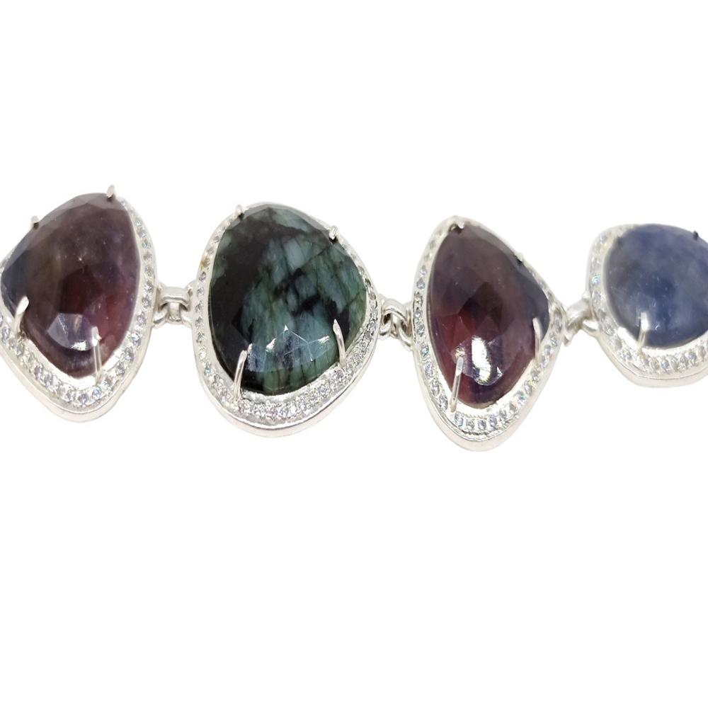 925 Sterling Silver Natural Emerald, Ruby, Blue Sapphire Bracelet