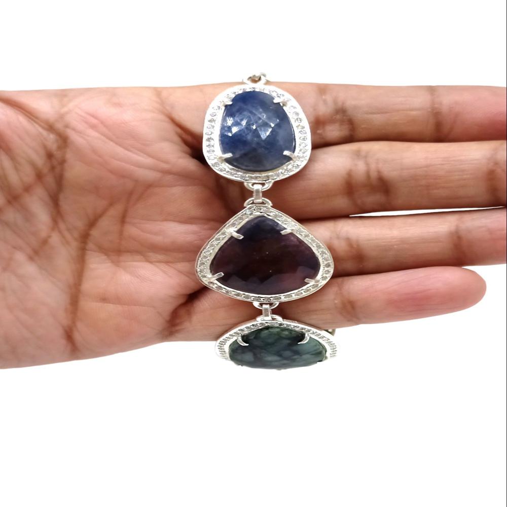 925 Sterling Silver Natural Emerald, Ruby, Blue Sapphire Bracelet