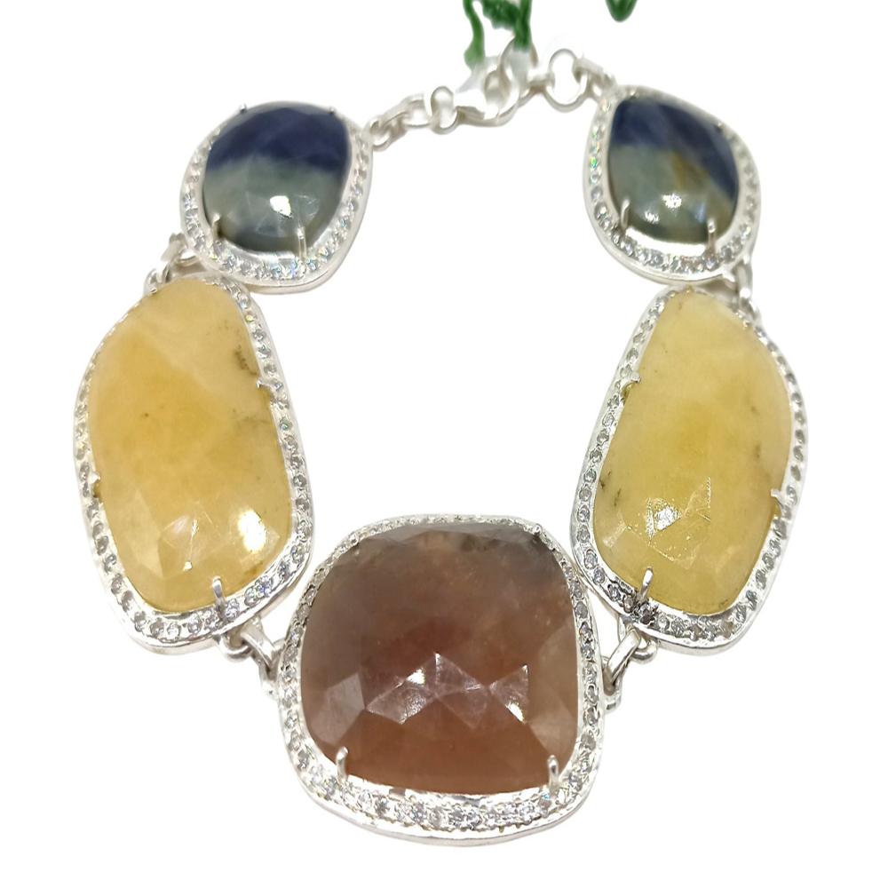 925 Sterling Silver Natural Yellow Sapphire, Blue Sapphire Handmade Bracelet