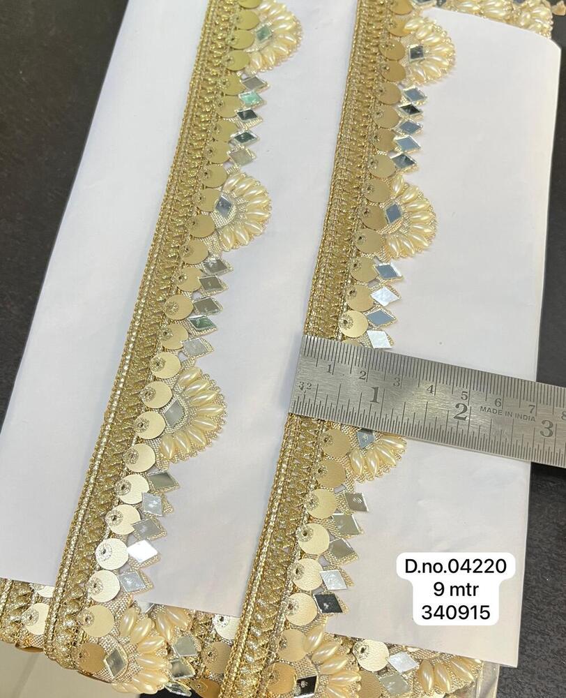 Mirror Moti Cutwork Lace - 1 Inch Wide, 9 Meter Length | Gold Sequins Handwork, Fancy Border Lace, One-sided Design