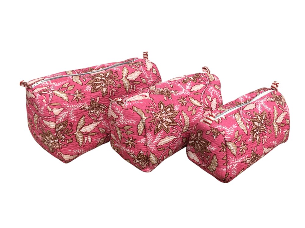 3pc Set Cotton Quilted Toiletry Pouches