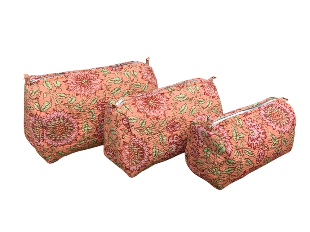 3pc Set Cotton Quilted Toiletry Pouches