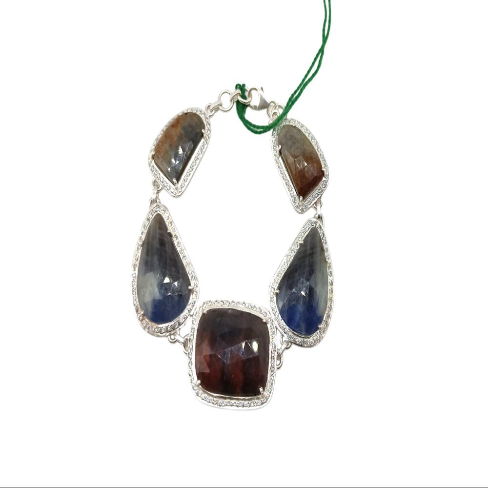 925 Sterling Silver Natural Ruby, Blue Sapphire, Yellow Sapphire Bracelet - Design: Solitaire