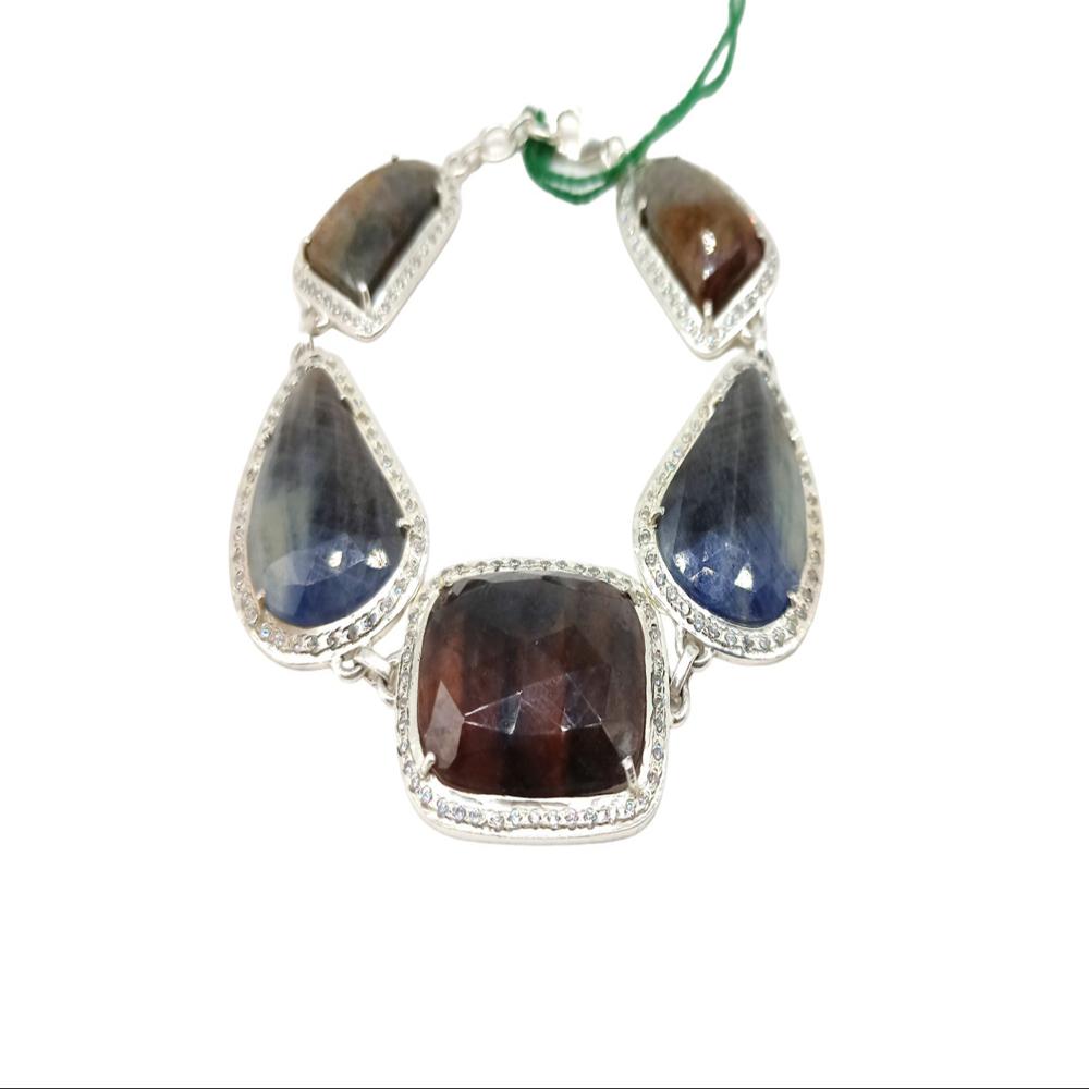 925 Sterling Silver Natural Ruby, Blue Sapphire, Yellow Sapphire Bracelet