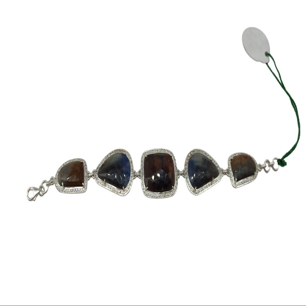 925 Sterling Silver Natural Ruby, Blue Sapphire, Yellow Sapphire Bracelet
