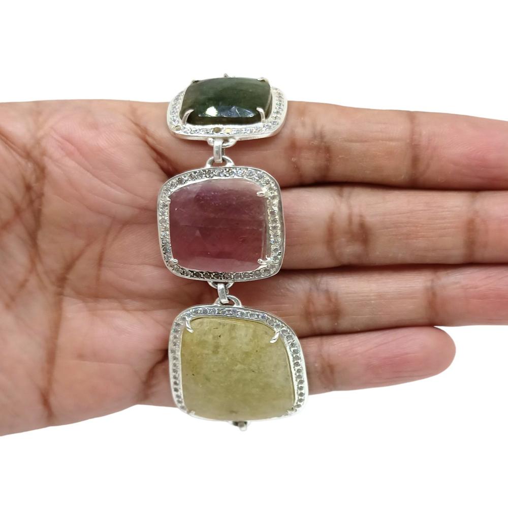 925 Sterling Silver Natural Ruby, Blue Sapphire, Yellow Sapphire Bracelet