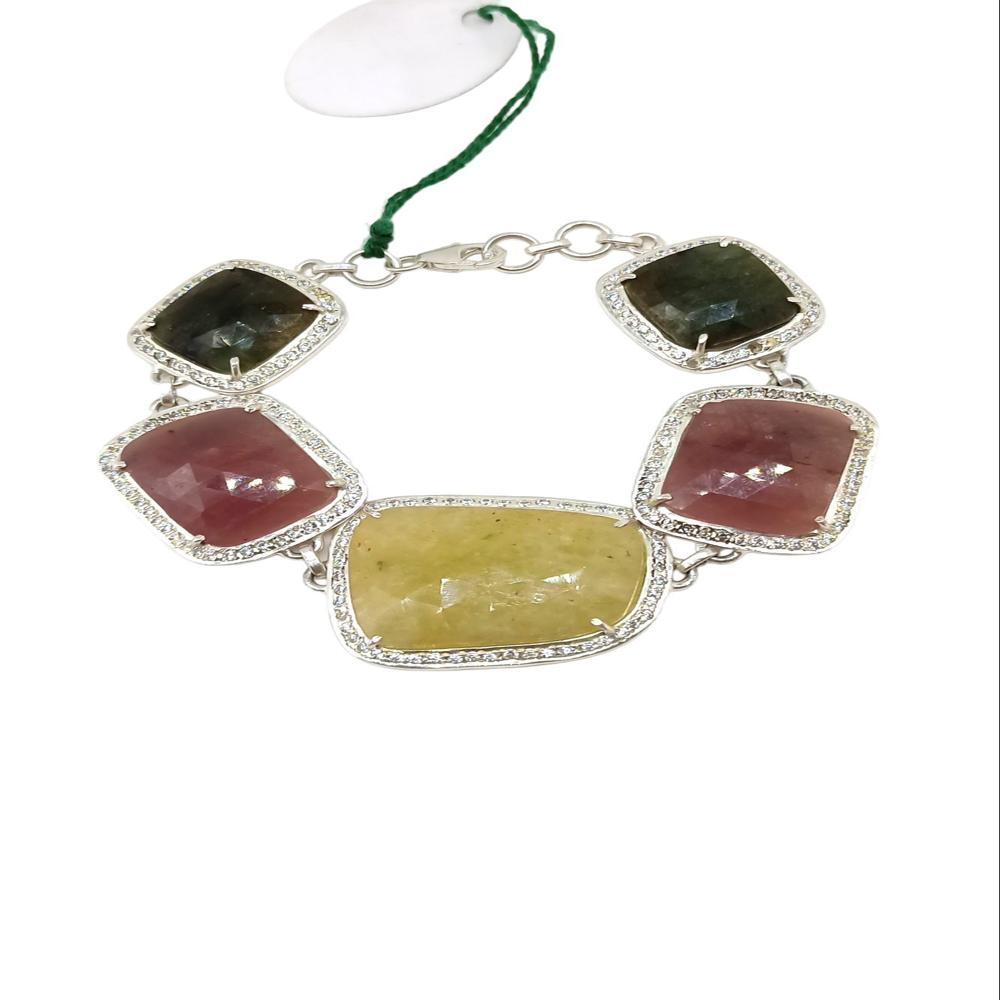 925 Sterling Silver Natural Ruby, Blue Sapphire, Yellow Sapphire Bracelet