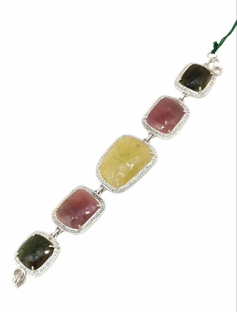 925 Sterling Silver Natural Ruby, Blue Sapphire, Yellow Sapphire Bracelet