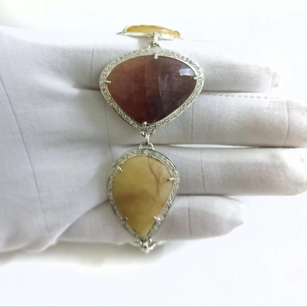 925 Sterling Silver Natural Ruby, Blue Sapphire, Yellow Sapphire Bracelet