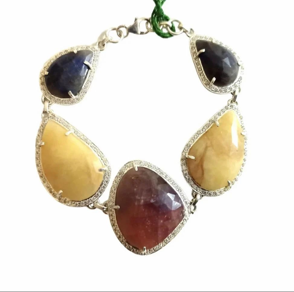 925 Sterling Silver Natural Ruby, Blue Sapphire, Yellow Sapphire Bracelet