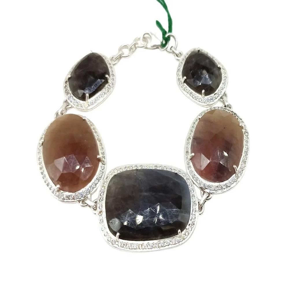 925 Sterling Silver Natural Ruby, Gray Sapphire Handmade Bracelet - Color: Multicolor