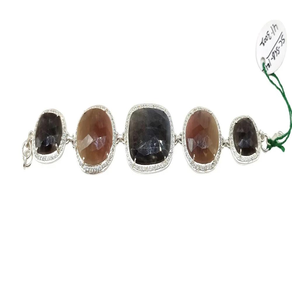 925 Sterling Silver Natural Ruby, Gray Sapphire Handmade Bracelet