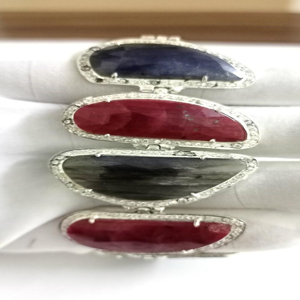 925 Sterling Silver Natural Ruby, Blue Sapphire, Yellow Sapphire Bracelet