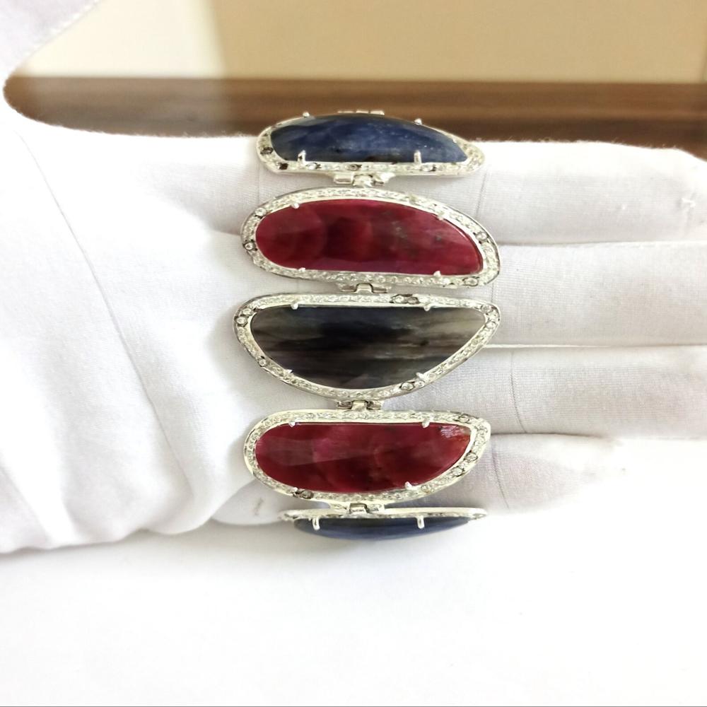 925 Sterling Silver Natural Ruby, Blue Sapphire, Yellow Sapphire Bracelet