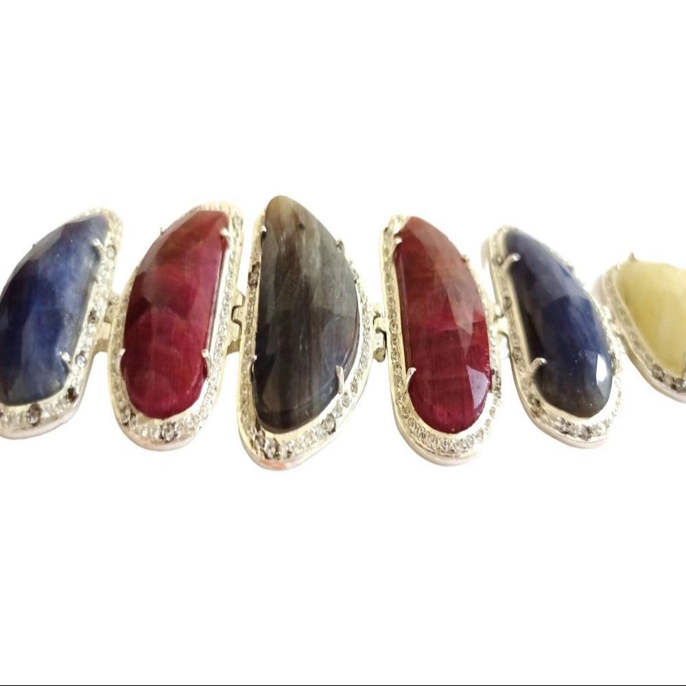 925 Sterling Silver Natural Ruby, Blue Sapphire, Yellow Sapphire Bracelet