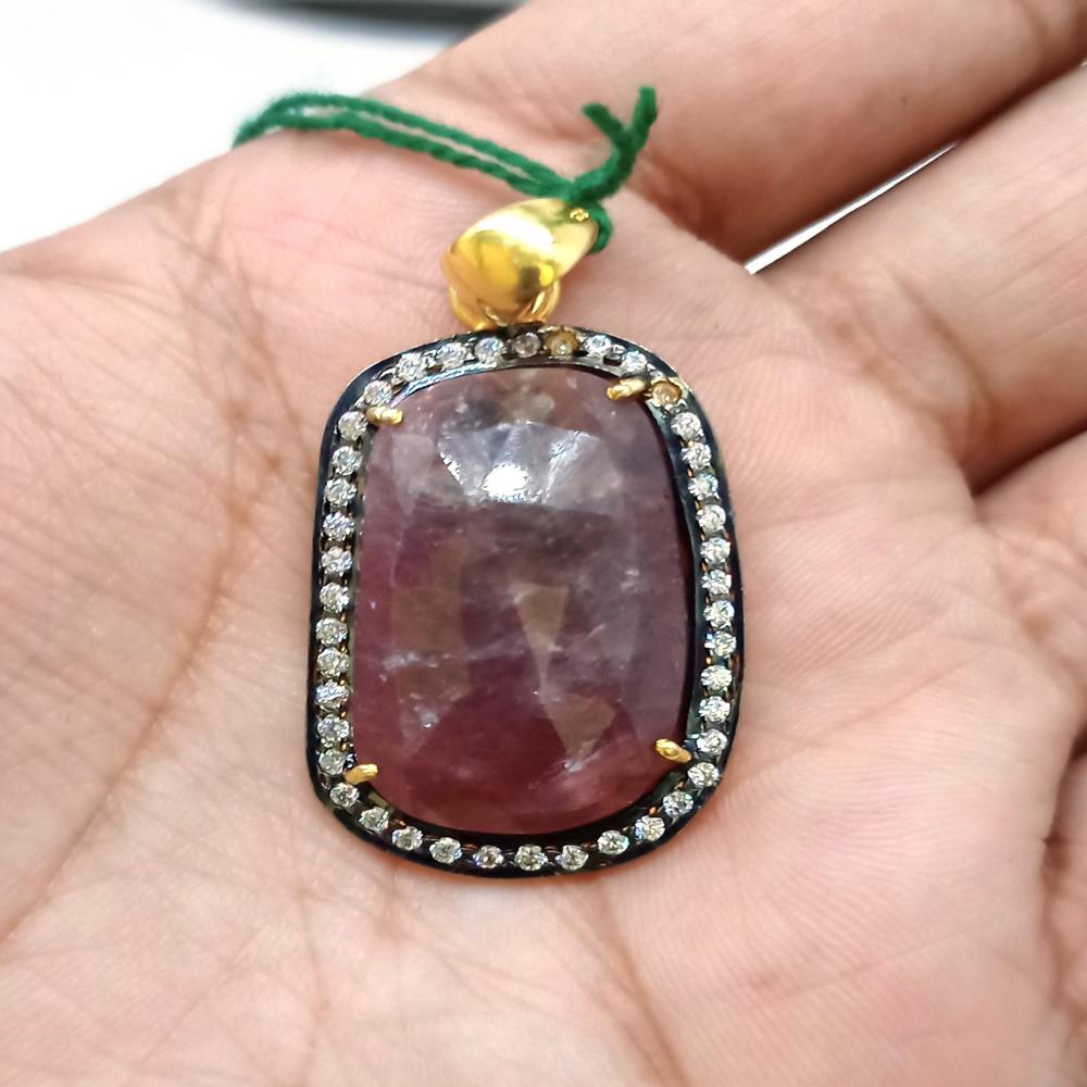 925 Sterling Silver Natural Faceted Ruby Pendant, Fancy Cut Stone
