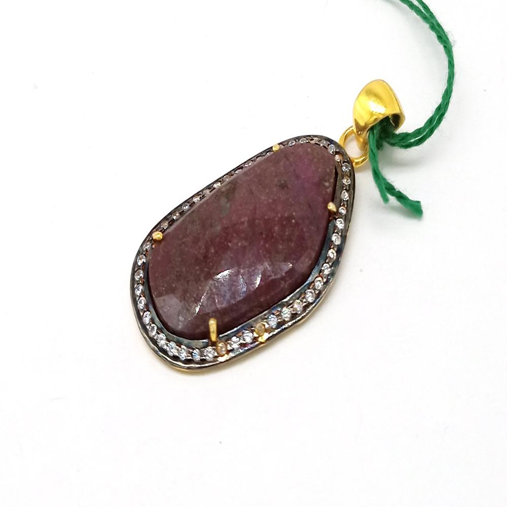 925 Sterling Silver Natural Faceted Fancy Cut Ruby Pendant - Color: Golden