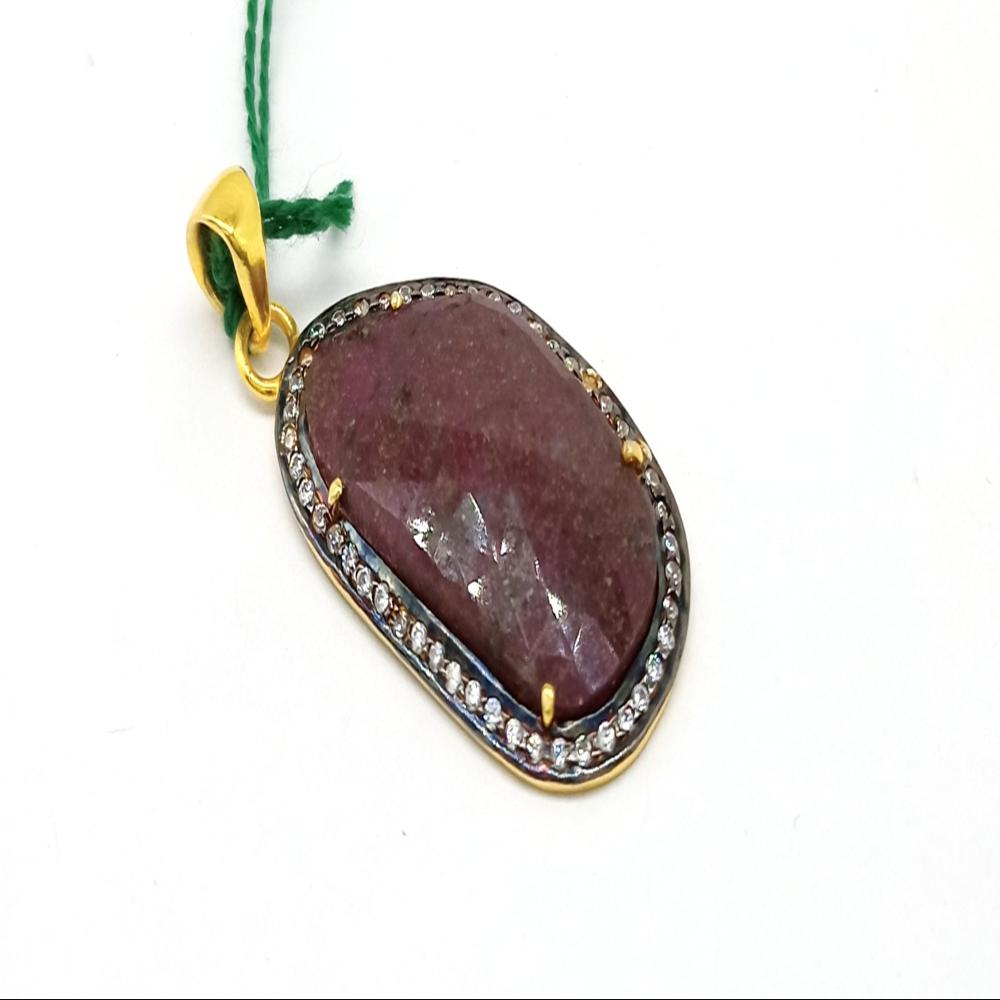 925 Sterling Silver Natural Faceted Fancy Cut Ruby Pendant - Color: Golden