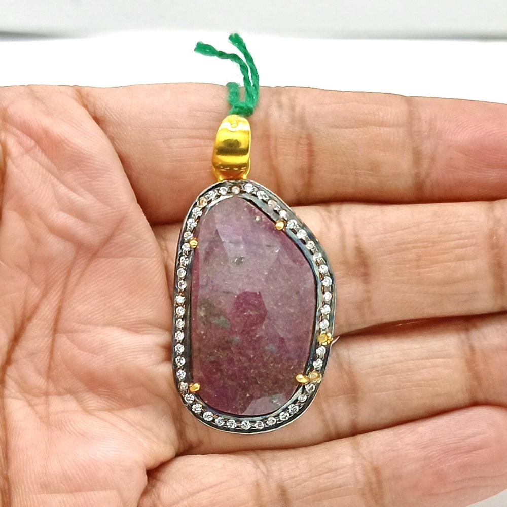 925 Sterling Silver Natural Faceted Fancy Cut Ruby Pendant - Color: Golden