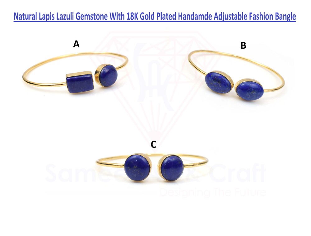 Natural Lapis Lazuli Gemstone With 18K Gold Plated Handmade Adjustable Bangle