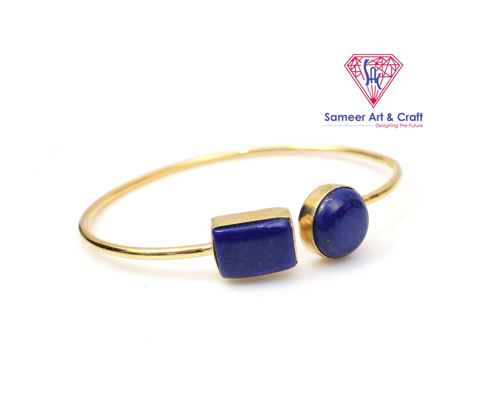 Natural Lapis Lazuli Gemstone With 18k Gold Plated Handmade Adjustable Bangle