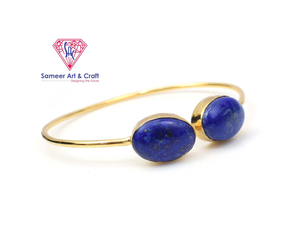 Natural Lapis Lazuli Gemstone With 18K Gold Plated Handmade Adjustable Bangle