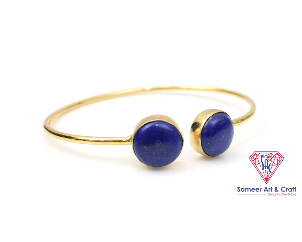 Natural Lapis Lazuli Gemstone With 18K Gold Plated Handmade Adjustable Bangle