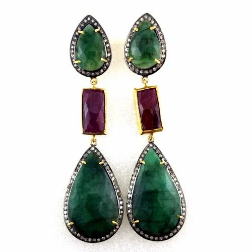 Emerald Ruby Diamond Earring - Color: Multicolor