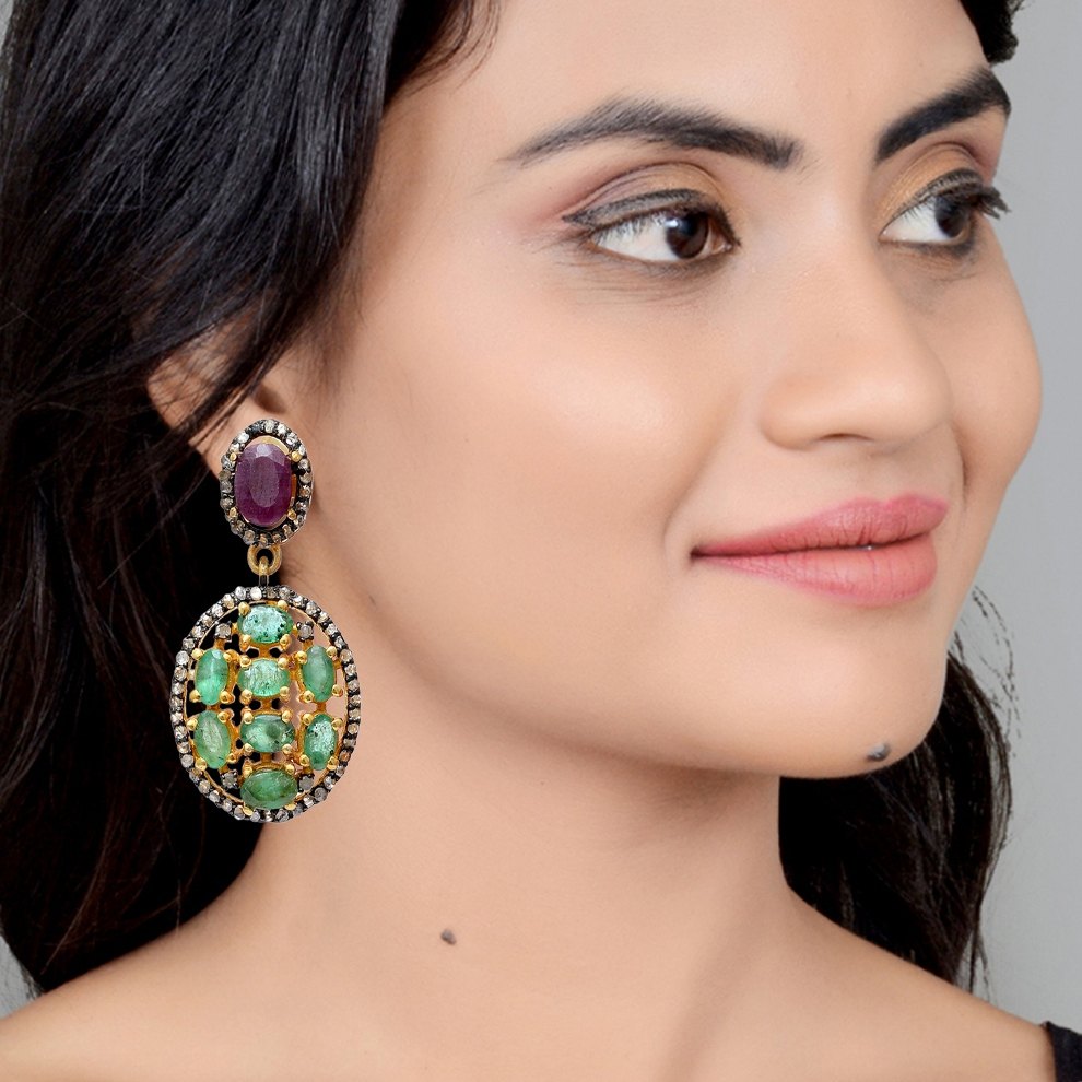 Diamond, Emerald And Ruby Sterling Silver Earring - Color: Green