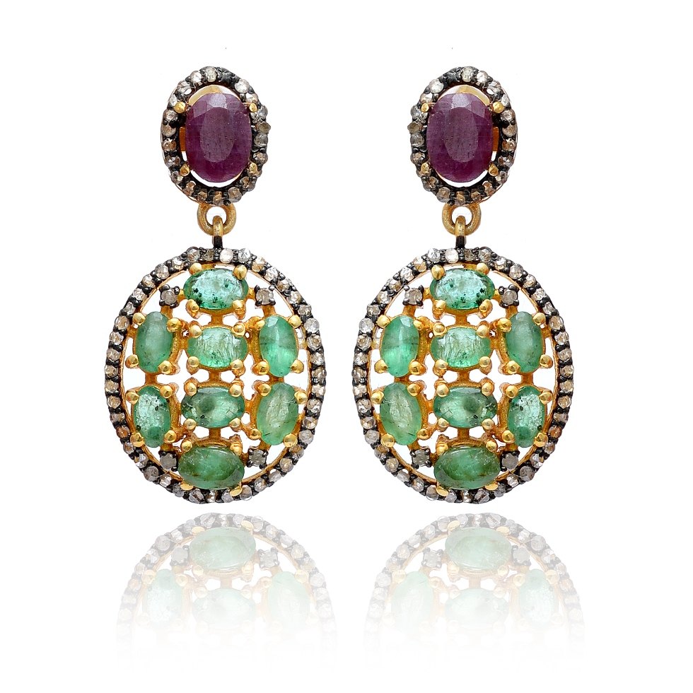 Diamond, Emerald And Ruby Sterling Silver Earring - Color: Green