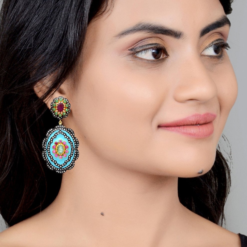 Diamond, Emerald And Ruby Earring Crafted In Sterling Silver With Enameling