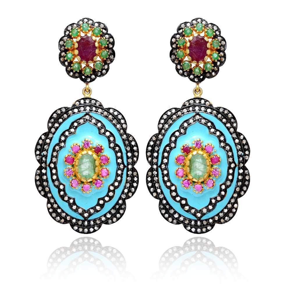 Diamond, Emerald And Ruby Earring Crafted In Sterling Silver With Enameling