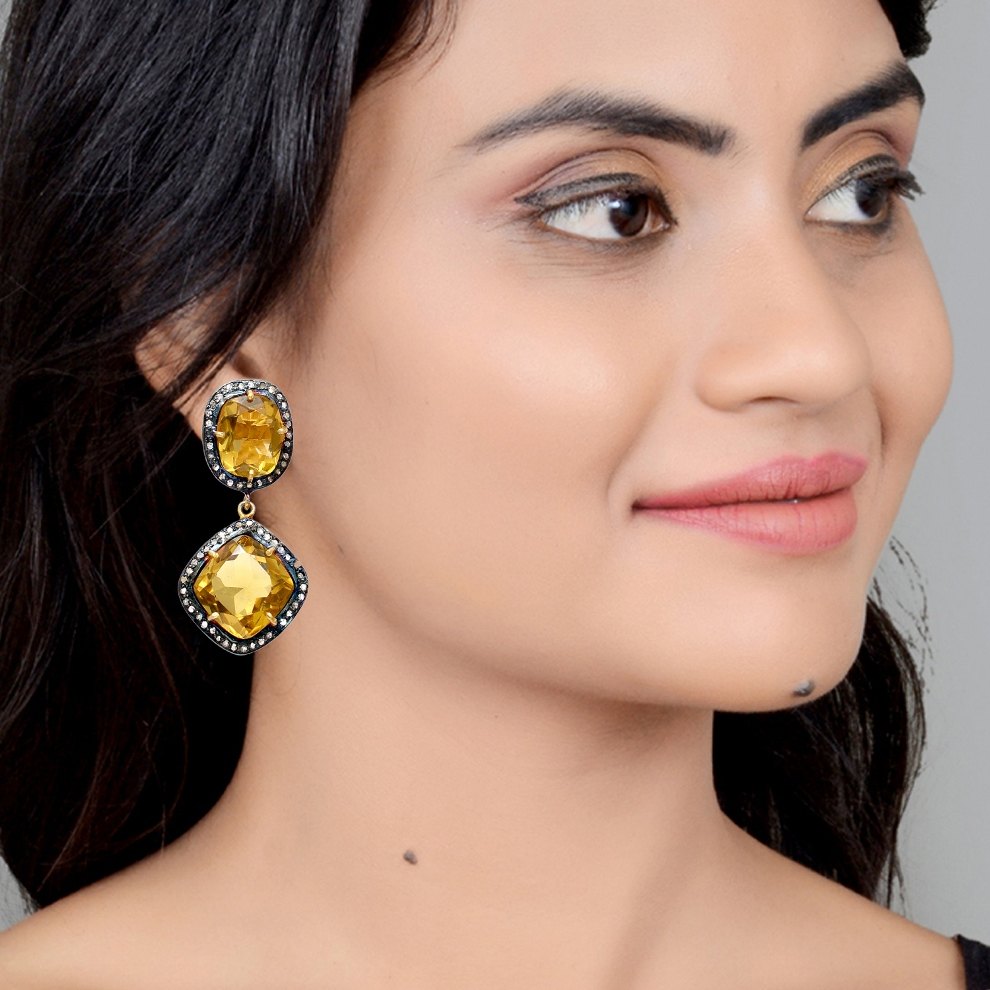 High Quality Citrine and Diamond Dangler Earrings