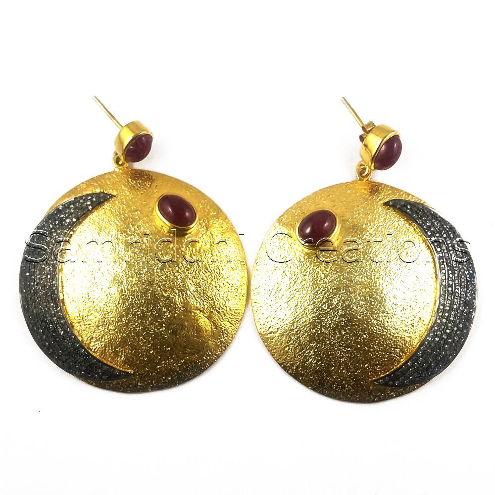 Crescent Ruby Sterling Silver Diamond Earring - Color: Golden