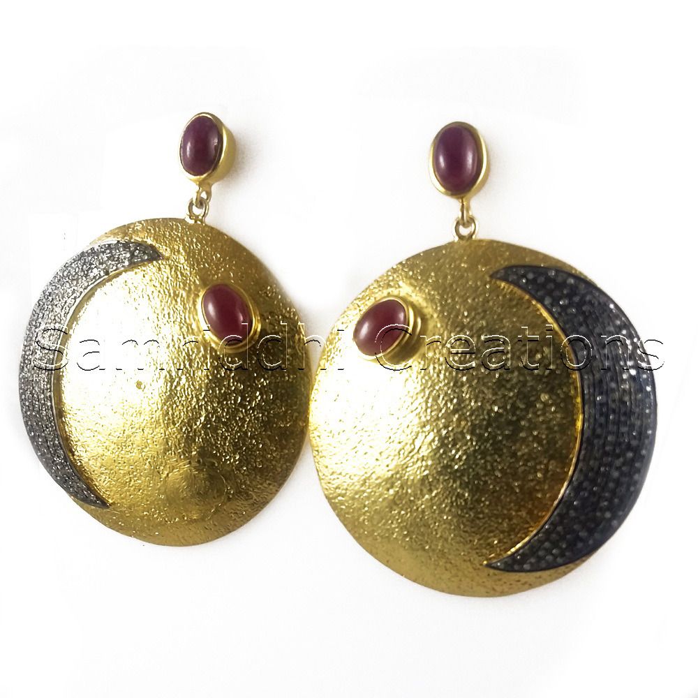 Crescent Ruby Sterling Silver Diamond Earring - Color: Golden