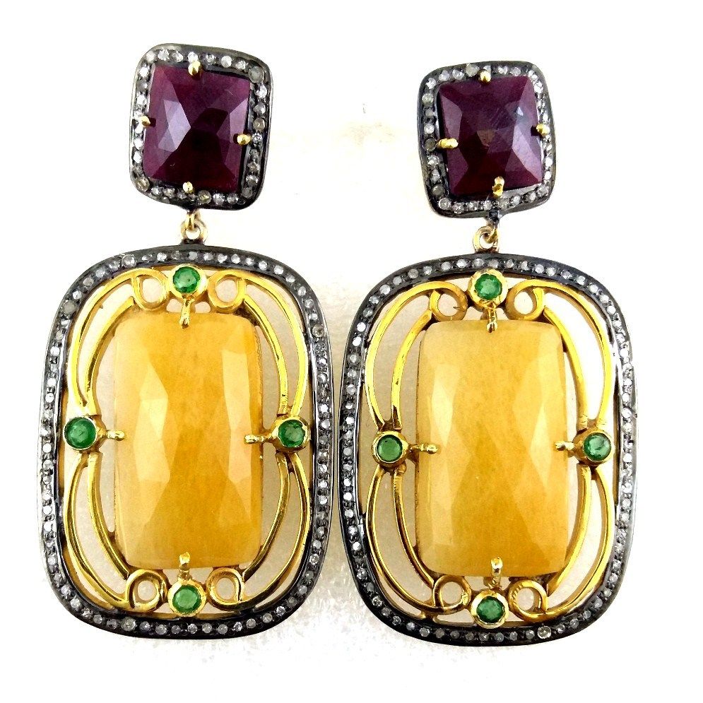 Yellow Sapphire And Ruby Diamond Earrings - Design: Solitaire