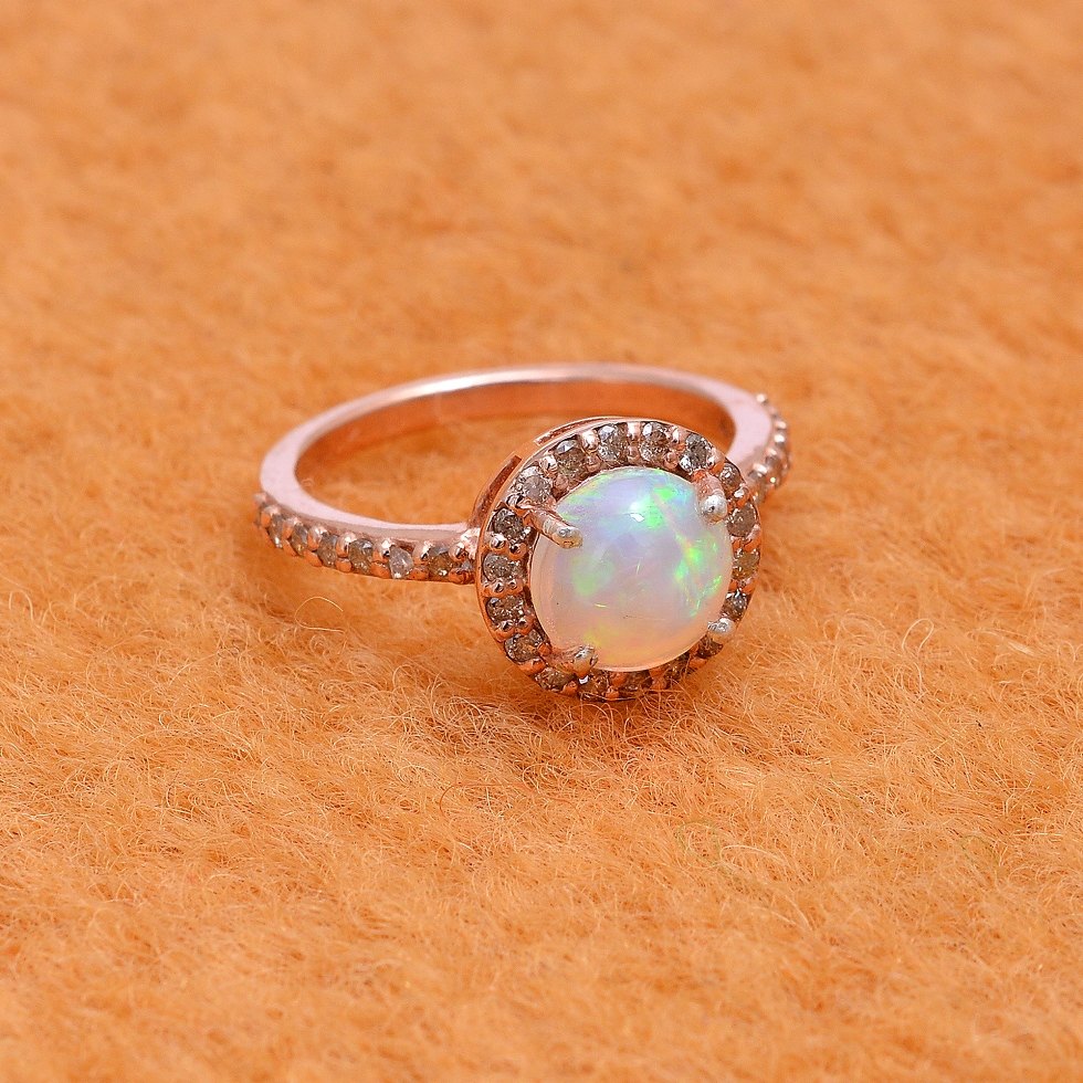 Diamond Opal Ring In Sterling Silver With Fine Gold Plating - Finish: Coated