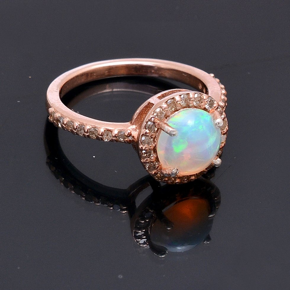 Diamond Opal Ring In Sterling Silver With Fine Gold Plating - Finish: Coated