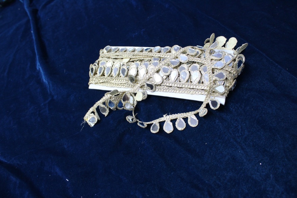 Mirror & Lace - Golden Border Lace, 1 Inch Width, 9 Meter Length | Fancy Lace With Sequenced Jari Work & Elegant Design