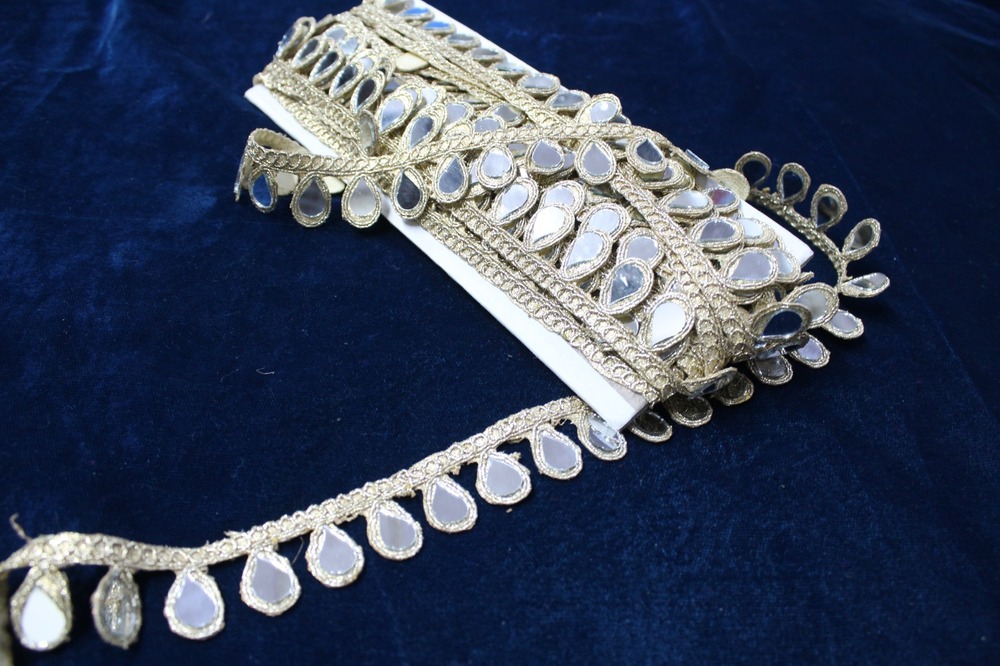Mirror & Lace - Golden Border Lace, 1 Inch Width, 9 Meter Length | Fancy Lace With Sequenced Jari Work & Elegant Design