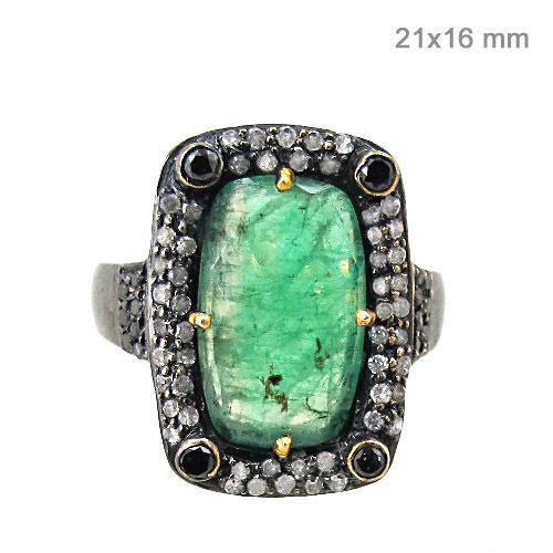 Emerald Diamond Silver Cocktail Ring