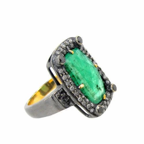 Emerald Diamond Silver Cocktail Ring - Finish: Coated