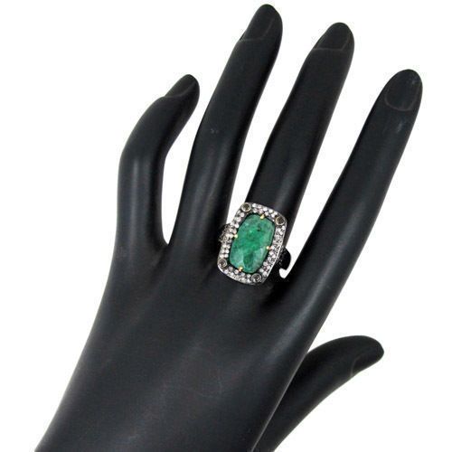 Emerald Diamond Silver Cocktail Ring - Finish: Coated