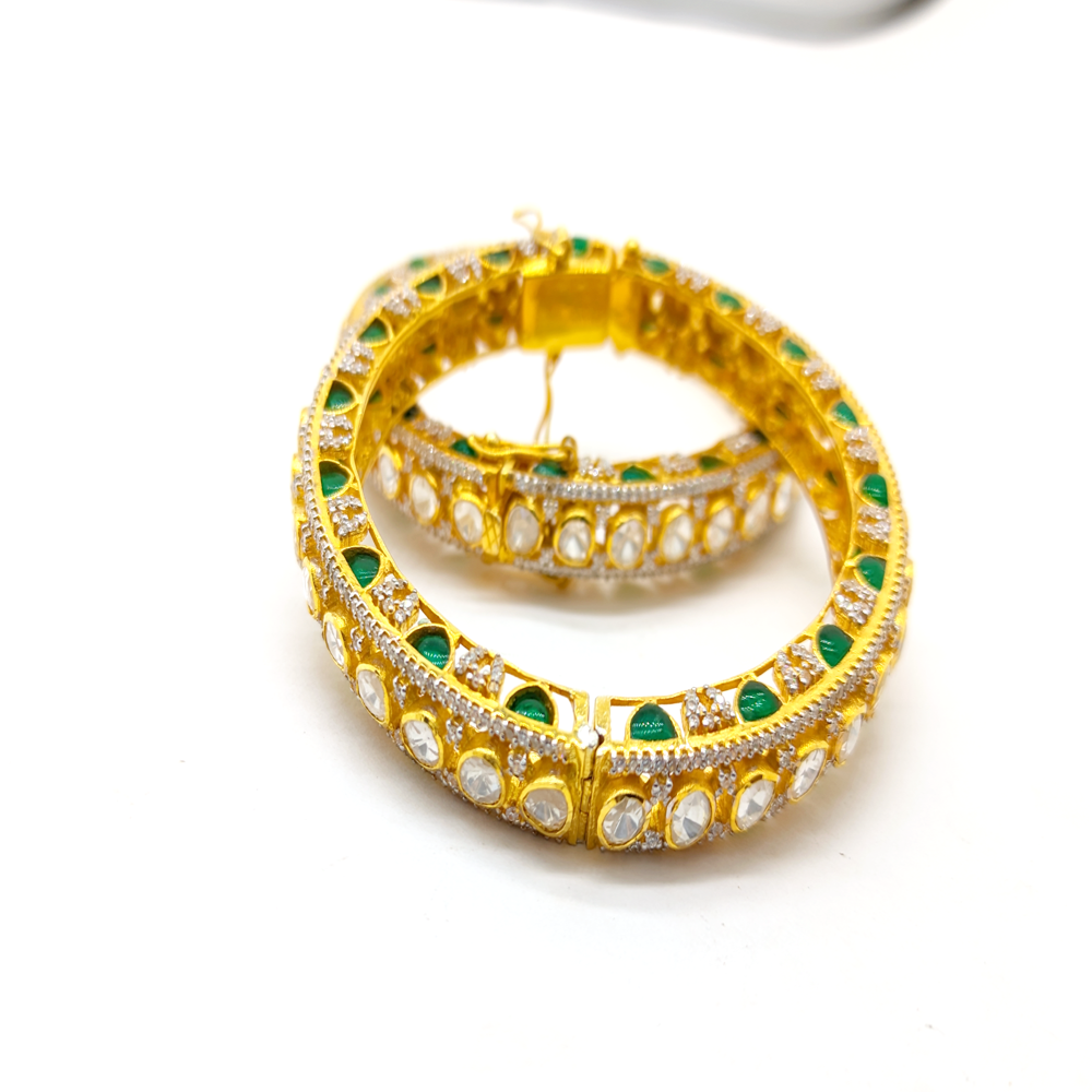 Silver Moissanite Polki Bangle Set, Dainty Emerald Bangles, Anniversary Gift For Wif