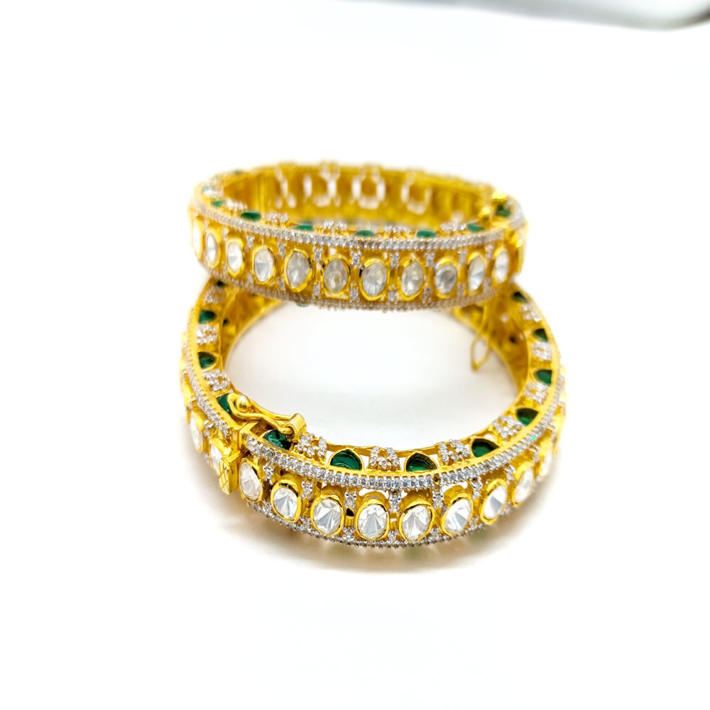 Silver Moissanite Polki Bangle Set, Dainty Emerald Bangles, Anniversary Gift For Wif