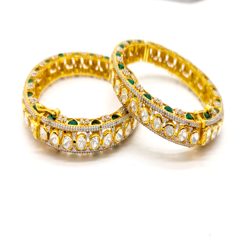 Silver Moissanite Polki Bangle Set, Dainty Emerald Bangles, Anniversary Gift For Wif