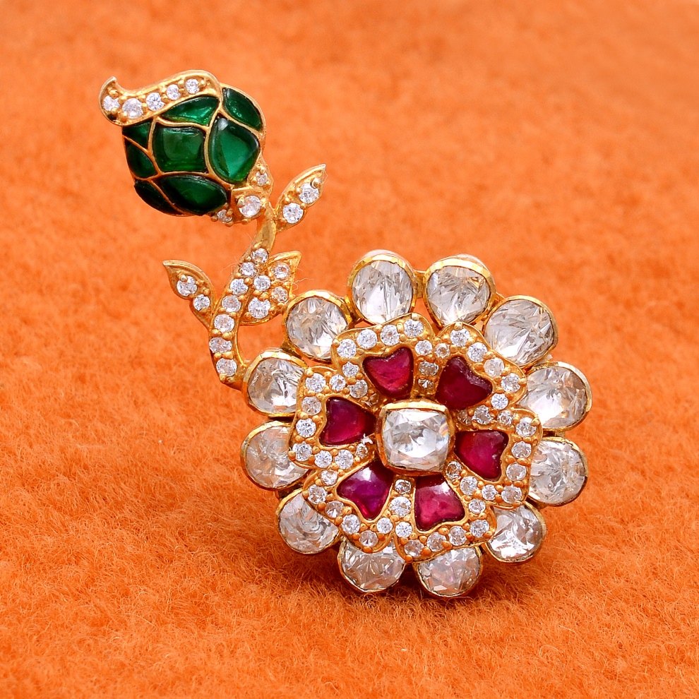 Designer Polki Ring crafted in 925 Sterling Silver with High Gold Plating