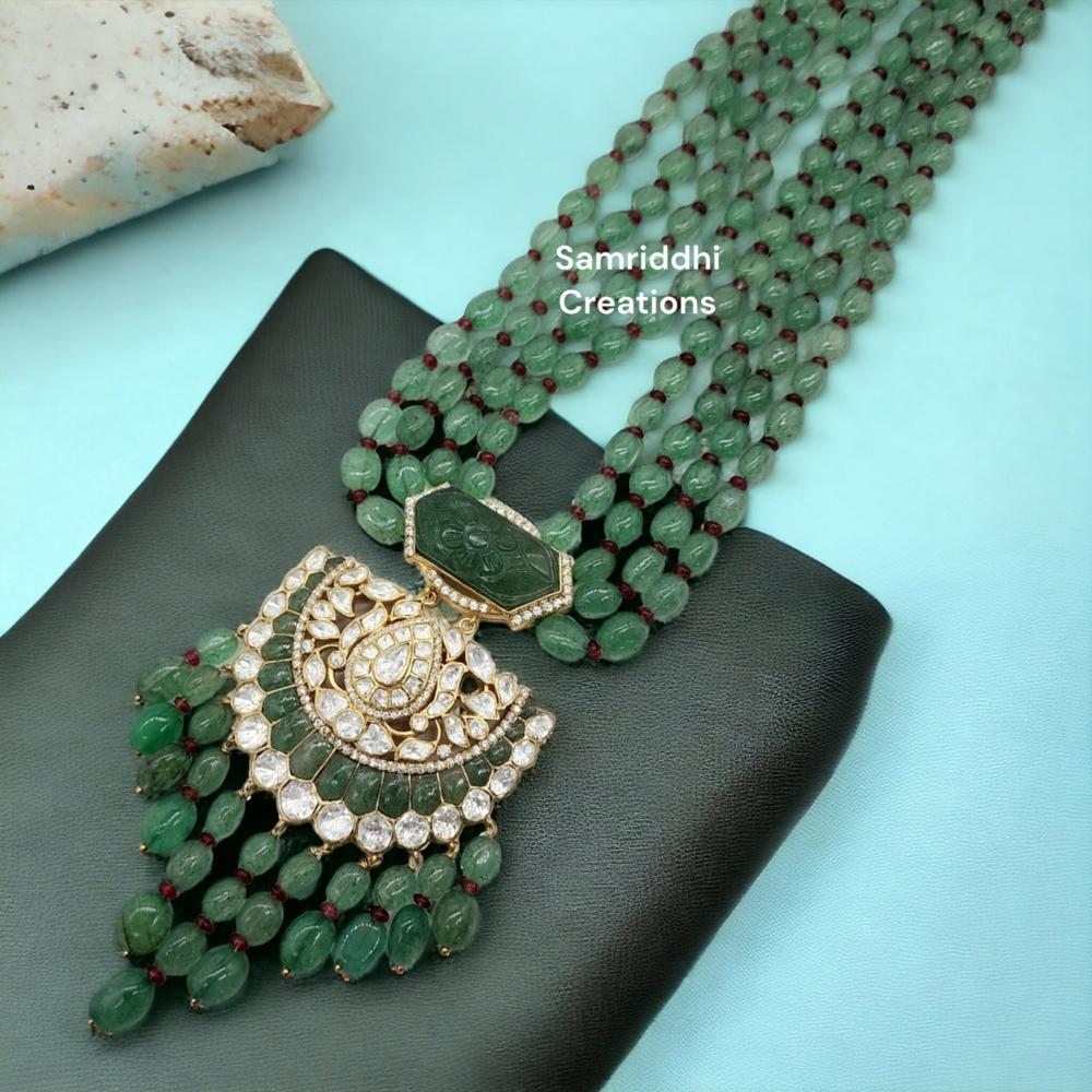 Gemstone Bead Necklace - 20 Inch, 925 Sterling Silver With Gold Plating, Synthetic Moissanite & Natural Green Quartz | 143.700 Grams Weight
