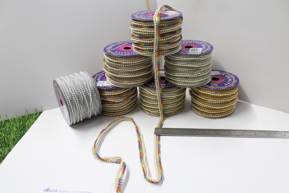 Border & Moti Lace - 9 Mtr Length, Multi Color | Fancy Design, 1 Inch Width, One-sided Moti Material With Elegant Embroidery And Jari Work