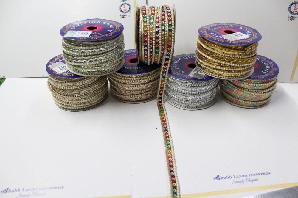 Multi Moti Lace - 1 Inch X 9 Mtr, Multi Color Fancy Lace, One Sided Design, Border Pattern With Intricate Moti & Sequence Detailing